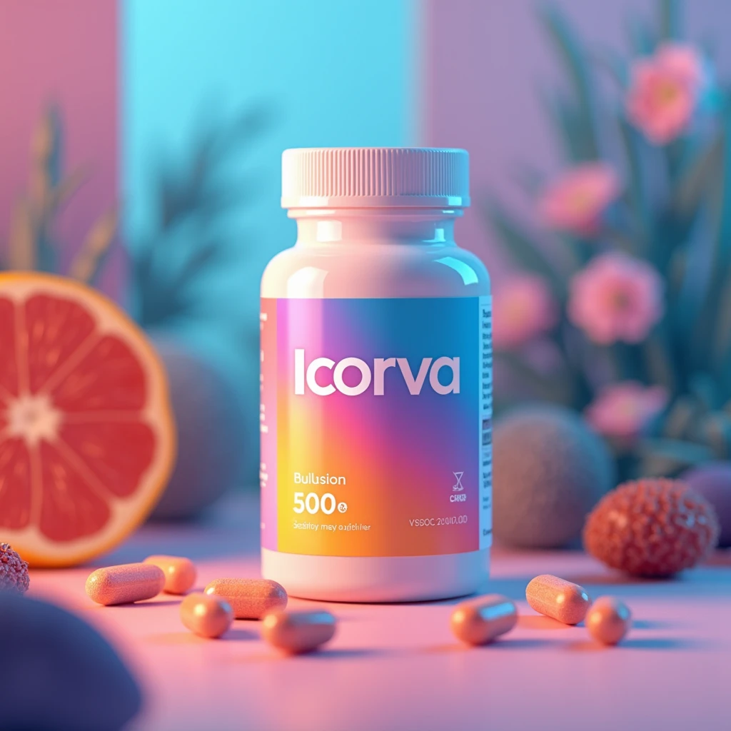Illustration of Icorva supplement bottle with gradient label